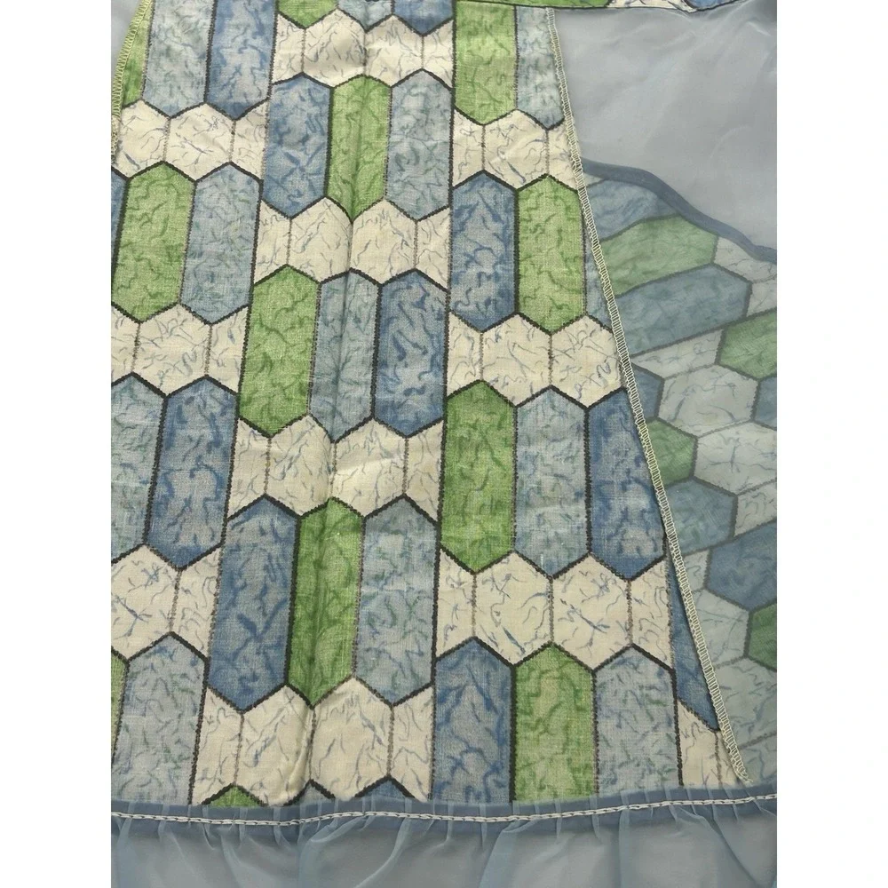 Vintage 50s 60s Hostess Half Apron Sheer Blue Green Geometric Tie Waist Handmade